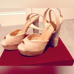 Lulu’s Kamila Rose Gold Satin Platform Rhinestone Ankle Strap Heels